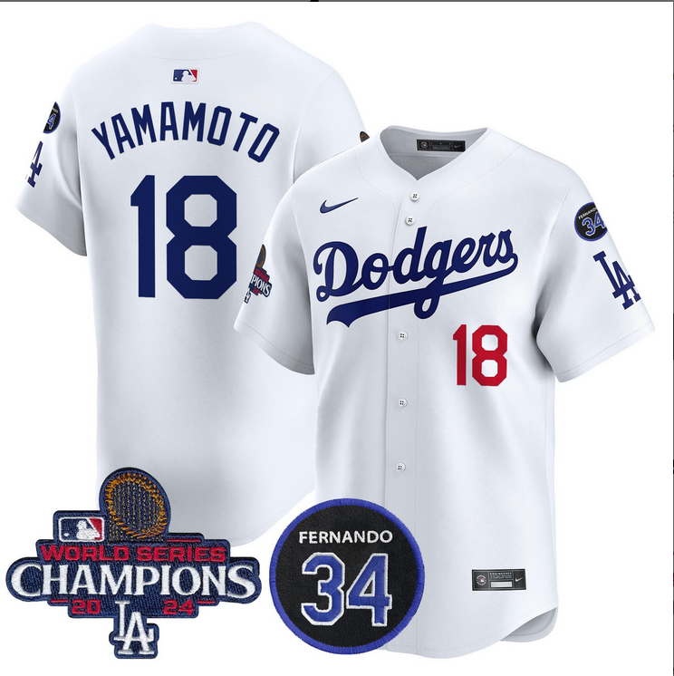 Men MLB Los Angeles Dodgers 18 Yamamoto white 2024 World Series Champions Patch Limited Jersey